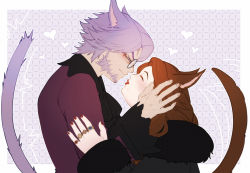 Rule 34 | 1boy, 1girl, animal ears, beard, blush, brown hair, cat ears, cat tail, chai-nuzz, couple, dulia-chai, closed eyes, facial hair, final fantasy, final fantasy xiv, glasses, hand on another&#039;s arm, hand on another&#039;s head, highres, husband and wife, imminent kiss, jewelry, long hair, lyra-kotto, miqo&#039;te, profile, purple hair, ring, short hair, tail