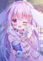 Rule 34 | 1girl, ;d, animal ears, black shirt, can, canned coffee, coat, day, drink can, georgia coffee, hair ornament, hanasaki chiyu, hanasakichu, highres, holding, holding can, indie virtual youtuber, long sleeves, looking at viewer, medium hair, one eye closed, open mouth, pink coat, pink eyes, pink hair, rabbit ears, shirt, smile, standing, virtual youtuber