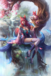 Rule 34 | 1girl, absurdres, ahri (league of legends), animal ears, arm support, artist name, bare shoulders, bell, blue eyes, blue tail, breasts, cherry blossoms, cleavage, cloud print, commentary, detached collar, english commentary, facial mark, fox, fox ears, fox girl, fox tail, geta, gold trim, hair ribbon, heart, highres, japanese clothes, jerry loh, jingle bell, kimono, kitsune, kyuubi, league of legends, lips, long hair, looking at viewer, magic, medium breasts, multiple tails, nail polish, nature, obi, off shoulder, outdoors, pink hair, pink kimono, pink nails, ribbon, sash, short kimono, sitting, slit pupils, solo, spirit blossom ahri, tail, thighhighs, thighs, whisker markings, wide sleeves