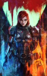 Rule 34 | 1girl, absurdres, arm blade, commander shepard, commander shepard (female), commentary, energy sword, english commentary, eyeshadow, freckles, green eyes, highres, lips, makeup, mass effect (series), mass effect 3, medium hair, monori rogue, n7 armor, nose, omnitool, panties, red hair, solo, sword, underwear, weapon