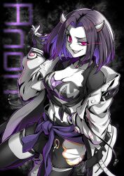Rule 34 | absurdres, black shirt, black thighhighs, breasts, choker, cleavage, collarbone, crop top, ebiblue, evil smile, gesugao, greyscale, highres, horns, jacket, jewelry, large breasts, lips, midriff, monochrome, navel, off shoulder, original, pendant, pink eyes, purple hair, purple nails, shaded face, shirt, shoes, smile, sneakers, spot color, thighhighs, twitter username, virtual youtuber