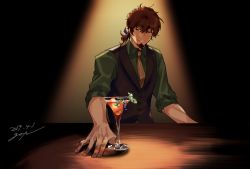 Rule 34 | 1boy, alcohol, alternate costume, bar (place), bartender, black background, bottle, brown eyes, brown hair, cup, drinking glass, facial hair, facial mark, fate (series), goatee, goya (xalbino), hair between eyes, hair ribbon, hector (fate), indoors, light, looking at viewer, male focus, manly, medium hair, ponytail, ribbon, shadow, shirt, signature, sleeves rolled up, smile, solo, upper body, vest