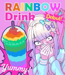 Rule 34 | 1girl, april fools, blue hair, blue nails, bow, chouzetsusaikawa tenshi-chan, commentary request, constricted pupils, covering own mouth, cup, disgust, disposable cup, drinking straw, eencya, english text, gradient hair, hair bow, holographic clothing, multicolored hair, multicolored nails, multiple hair bows, nail polish, needy girl overdose, official art, pink hair, pink nails, pixel art, quad tails, sailor collar, school uniform, serafuku, smoothie, solo, sweat, upper body, white hair