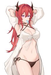 Rule 34 | 1girl, absurdres, arknights, armpits, arms behind head, arms up, bikini, black bikini, breasts, burnt clothes, cleavage, cowboy shot, criss-cross halter, detached sleeves, food, food in mouth, halterneck, highres, horns, large breasts, long hair, looking at viewer, mouth hold, navel, official alternate costume, popsicle, popsicle in mouth, purple eyes, rain (rain8649), red hair, side-tie bikini bottom, simple background, solo, standing, stomach, surtr (arknights), surtr (colorful wonderland) (arknights), swimsuit, swimsuit cover-up, very long hair, white background