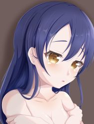 1girl artist_name artist_request bare_shoulders blue_hair blush breasts brown_eyes closed_mouth collarbone covering_privates covering_breasts female_focus hair_between_eyes hair_over_shoulder highres long_hair looking_at_viewer love_live! love_live!_school_idol_project medium_breasts okuraba_(okuraburst0804) okuraburst0804 parted_lips smile solo sonoda_umi upper_body yellow_eyes