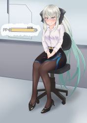 Rule 34 | 1girl, absurdres, belt, between legs, black bow, black footwear, black pantyhose, black skirt, blue eyes, blue hair, blue trim, blush, bow, braid, breasts, buttons, chair, closed mouth, collarbone, collared shirt, embarrassed, fate/grand order, fate (series), female focus, full body, gameplay mechanics, gradient hair, grey hair, hair bow, hand between legs, have to pee, high heels, highres, ikayaki-san, indoors, knees together feet apart, long hair, long sleeves, looking down, medium breasts, miniskirt, morgan le fay (fate), multicolored hair, nose blush, office chair, office lady, on chair, pantyhose, pencil skirt, ponytail, shirt, shirt tucked in, shoes, side slit, sidelocks, sitting, skirt, solo, split mouth, swivel chair, textless version, two-tone hair, urine meter, very long hair, white shirt