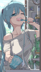 Rule 34 | 1girl, :o, bare shoulders, bathroom, blue eyes, blue hair, blush, breasts, brushing teeth, collarbone, cup, day, faucet, hair between eyes, hair tie, half-closed eye, hatsune miku, highres, holding, holding cup, indoors, large breasts, long hair, off shoulder, one eye closed, open mouth, shirt, short sleeves, sidelocks, sink, solo, teeth, twintails, upper body, upper teeth only, vocaloid, water, white shirt, yukichi (yu-ame)