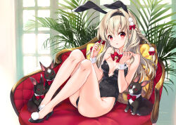 Rule 34 | 1girl, animal, animal ears, bare legs, bare shoulders, black footwear, black hairband, black leotard, blonde hair, blush, bow, bowtie, braid, breasts, cleavage, collar, comiket 101, commentary request, detached collar, fake animal ears, hair bow, hairband, high heels, highres, juna, knees up, leotard, long hair, medium breasts, original, parted lips, plant, playboy bunny, rabbit, rabbit ears, red bow, red bowtie, red eyes, shoes, sitting, solo, strapless, strapless leotard, twin braids, very long hair, white collar, window, wing collar, wrist cuffs
