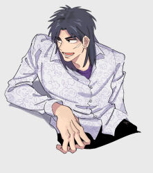 Rule 34 | 1boy, black eyes, black hair, black pants, collared shirt, commentary request, cowboy shot, cropped legs, facial scar, floral print, grey background, inudori, itou kaiji, kaiji, long hair, long sleeves, looking afar, looking to the side, lower teeth only, male focus, medium bangs, open mouth, pants, parted bangs, print shirt, purple shirt, scar, scar on cheek, scar on ear, scar on face, shirt, simple background, solo, teeth, undershirt, white shirt