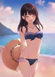 Rule 34 | 1girl, ^ ^, ^o^, absurdres, arms behind back, beach, bikini, black hair, blue bikini, blurry, blurry background, blush, breasts, closed eyes, collarbone, groin, hat, highres, holding, holding clothes, holding hat, holding own arm, idolmaster, idolmaster shiny colors, kazano hiori, lens flare, light particles, medium hair, miyar2d2, navel, outdoors, small breasts, solo, straw hat, swimsuit, unworn hat, unworn headwear