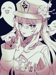 Rule 34 | 1girl, 39 iduki, boo tao (genshin impact), flower, flower-shaped pupils, genshin impact, ghost, hair between eyes, hat, hat flower, highres, hu tao (genshin impact), jewelry, long hair, long sleeves, looking at viewer, low twintails, monochrome, multiple rings, nail polish, ring, sidelocks, simple background, symbol-shaped pupils, tassel, tongue, twintails, upper body