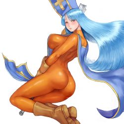 Rule 34 | 1girl, ankle boots, ass, blue hair, blue hat, bodysuit, boots, breasts, brown footwear, brown gloves, cross, dragon quest, dragon quest iii, floating hair, from behind, gloves, hat, holding, holding staff, impossible bodysuit, impossible clothes, jumping, large breasts, long hair, looking at viewer, looking back, orange bodysuit, parted lips, pelvic curtain, priest (dq3), red eyes, shu-mai, simple background, solo, staff, tabard, white background