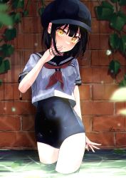 Rule 34 | 1girl, absurdres, arisugawa bii, black hair, black hat, black one-piece swimsuit, black sailor collar, brick wall, cabbie hat, commentary request, cowboy shot, hat, highres, neckerchief, one-piece swimsuit, original, plant, red neckerchief, sailor collar, sailor shirt, school swimsuit, school uniform, serafuku, shirt, short hair, soaking feet, solo, swimsuit, swimsuit under clothes, vines, water, yellow eyes