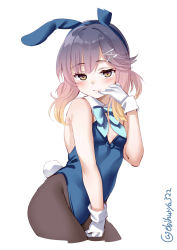 Rule 34 | 1girl, alternate costume, animal ears, aqua bow, aqua bowtie, black pantyhose, blue bow, blue bowtie, blush, bow, bowtie, breasts, brown eyes, brown pantyhose, closed mouth, detached collar, ebifurya, fake animal ears, fake tail, gloves, gradient hair, hair ornament, highres, kantai collection, leotard, looking at viewer, multicolored hair, pantyhose, playboy bunny, purple hair, rabbit ears, rabbit tail, short hair, simple background, small breasts, smile, solo, tail, tsushima (kancolle), twitter username, white background, white gloves, x hair ornament, yellow eyes