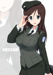Rule 34 | 10s, 1girl, black eyes, brown hair, character name, emblem, girls und panzer, halcon, hat, highres, long hair, megumi (girls und panzer), military, military uniform, selection university military uniform, simple background, solo, uniform, zoom layer