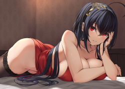 Rule 34 | 1girl, ahoge, azur lane, bare shoulders, black hair, black thighhighs, breasts, cleavage, cocktail dress, collarbone, crossed bangs, dress, hair between eyes, hair ornament, head hold, highres, indoors, large breasts, long hair, looking at viewer, lying, no panties, official alternate costume, on stomach, parted lips, rebutsu, red dress, red eyes, shiny skin, smile, solo, taihou (azur lane), taihou (forbidden feast) (azur lane), thighhighs, thighs, very long hair