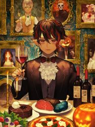 Rule 34 | 1boy, alcohol, ascot, asymmetrical hair, black bow, black bowtie, black hair, black nails, boned meat, bottle, bow, bowtie, cake, candelabra, candle, candlestand, champagne flute, cup, drinking glass, ear piercing, eyeball, facepaint, food, formal, frilled shirt, frills, ghost, halloween, highres, holding, holding cup, jack-o&#039;-lantern, jacket, looking at viewer, male focus, meat, mug, multicolored hair, nail polish, original, parted lips, piercing, pinstripe pattern, pinstripe shirt, pizza, plate, pointy ears, portrait (object), red eyes, red hair, salad, shirt, striped, suit, suit jacket, sumika inagaki, table, tomato, vampire, wallpaper (object), wine, wine bottle, wine glass
