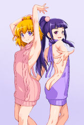 Rule 34 | 2girls, aran sweater, armpits, arms up, asahina mirai, ass, back-to-back, backless dress, backless outfit, bare back, bare shoulders, blonde hair, blunt bangs, blush, breasts, butt crack, cable knit, closed mouth, dimples of venus, dress, folded hair, foreshortening, hair between eyes, halterneck, highres, izayoi liko, kazuma muramasa, long hair, looking at viewer, mahou girls precure!, medium breasts, meme attire, multiple girls, naked sweater, open mouth, precure, purple background, purple eyes, purple hair, ribbed sweater, short hair, sideboob, simple background, smile, sweater, sweater dress, tareme, tsurime, turtleneck, turtleneck sweater, virgin killer sweater