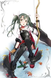 Rule 34 | 10s, 1girl, aircraft, airplane, arrow (projectile), bad id, bad pixiv id, bae.c, boots, bow (weapon), boyogo, green hair, hair ribbon, highres, kantai collection, long hair, panties, pantyshot, personification, ribbon, sitting, solo, thigh boots, thighhighs, twintails, underwear, water, weapon, yellow eyes, zuikaku (kancolle)
