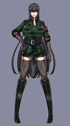 Rule 34 | 1girl, belt, black gloves, black hair, black thighhighs, boots, breasts, busujima, cigarette, cleavage, elbow gloves, full body, gloves, hand on own hip, high heels, huge breasts, kamen no hito, knee boots, long hair, long legs, military, military uniform, miniskirt, original, shoes, simple background, skirt, solo, thighhighs, tsurime, uniform, very long hair, yellow eyes