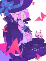 Rule 34 | 1boy, :d, animal ears, bat (animal), belt, black capelet, black pants, blonde hair, blue ribbon, blush, candy, capelet, cat ears, chibi, commentary, food, frilled sleeves, frills, from side, gloves, grin, half gloves, halloween, hat, hat ribbon, highres, holding, holding candy, holding food, holding lollipop, lio fotia, lollipop, looking at viewer, male focus, open mouth, pants, promare, purple eyes, ribbon, shirt, short hair, simple background, sitting, smile, solo, swirl lollipop, symbol-only commentary, thigh belt, thigh strap, trap, wariza, white background, white belt, white shirt, witch hat, yzyz630
