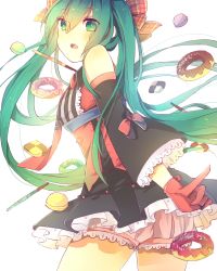 Rule 34 | 1girl, black dress, cowboy shot, detached sleeves, doughnut, dress, fingerless gloves, floating hair, food, from below, gloves, green eyes, green hair, hair between eyes, hair ribbon, hatsune miku, long hair, looking at viewer, looking back, necktie, open mouth, pink shorts, red gloves, red necktie, red ribbon, ribbon, short dress, short shorts, shorts, simple background, sketch, solo, standing, striped, twintails, vertical stripes, very long hair, vocaloid, white background