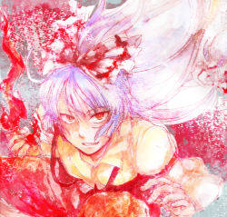 Rule 34 | 1girl, bad id, bad pixiv id, blood, bow, breasts, cleavage, downblouse, dress, female focus, from above, fujiwara no mokou, hair bow, light purple hair, looking at viewer, red dress, red eyes, short hair, solo, sosopi, touhou, veil, white bow