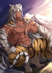 Rule 34 | 1boy, abs, animal, animal on head, animal print, bara, bare pectorals, bellsaltr, body fur, chinese zodiac, dark-skinned male, dark skin, detached sleeves, fang, full body, highres, jewelry, large pectorals, long hair, male focus, mature male, mouse (animal), muscular, muscular male, navel, navel hair, necklace, nipples, on head, original, pants, pectorals, print pants, skin fang, solo, squatting, stomach, tail, thick thighs, thighs, tiger boy, tiger print, tiger stripes, tiger tail, tooth necklace, tribal, year of the tiger