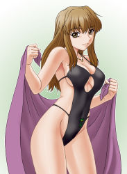 Rule 34 | 00s, 1girl, breasts, brown eyes, brown hair, casual one-piece swimsuit, cleavage, cleavage cutout, clothing cutout, female focus, gradient background, halterneck, misnon the great, my-otome, one-piece swimsuit, shizuru viola, smile, solo, swimsuit, towel