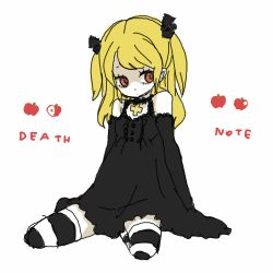 Rule 34 | 00s, 1girl, amane misa, blonde hair, death note, goth fashion, long hair, lowres, red eyes, sitting, solo, striped clothes, striped thighhighs, thighhighs, two side up, yukke