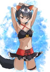 Rule 34 | 1girl, absurdres, armpits, arms up, bare arms, bare shoulders, belt, bikini, bikini skirt, black bikini, black hair, cowboy shot, cropped legs, extra ears, fang, fang out, frilled bikini, frills, frown, highres, kemono friends, kemono friends 3, midriff, navel, official alternate costume, orange eyes, red belt, short hair, solo, swimsuit, tanabe (fueisei), tasmanian devil (kemono friends), tasmanian devil ears, tasmanian devil tail, thigh strap, v-shaped eyebrows