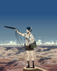 Rule 34 | 1girl, ahoge, bad id, bad pixiv id, blue hair, cable, day, directional microphone, headphones, landscape, microphone, original, power lines, shiira, short hair, skirt, sky, solo, wire