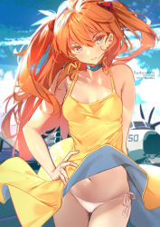 Rule 34 | 1girl, aircraft, airplane, artist name, bare shoulders, blue choker, blue eyes, blue sky, blush, breasts, choker, cleavage, closed mouth, cowboy shot, day, dress, floating hair, hair ornament, hand on own hip, long hair, looking at viewer, neon genesis evangelion, orange hair, outdoors, panties, pantyshot, shiny skin, side-tie panties, sky, small breasts, solo, souryuu asuka langley, sundress, sydus, thigh gap, thong, two side up, underwear, upskirt, v-shaped eyebrows, very long hair, white panties, wind, wind lift, yellow dress