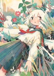Rule 34 | 1girl, absurdres, angel, blue skirt, blush, commentary request, coral, day, flower, hair between eyes, halo, highres, looking to the side, lying, mamei mema, neckerchief, on back, open mouth, original, outdoors, painting (medium), plant, pleated skirt, red halo, red neckerchief, sailor collar, school uniform, serafuku, shirt, short hair, skirt, sky, solo, traditional media, watercolor (medium), white hair, white shirt, white wings, wings