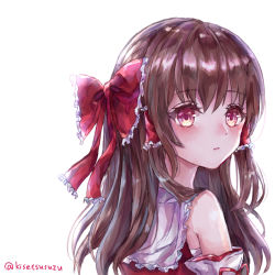 Rule 34 | 1girl, alternate headwear, blush, bow, brown hair, commentary request, detached sleeves, expressionless, eyelashes, hair between eyes, hair bow, hair tubes, hakurei reimu, highres, looking at viewer, looking back, medium hair, red eyes, red vest, sarashi, simple background, solo, suzushina, touhou, twitter username, upper body, vest, white background, white sleeves