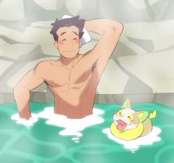 Rule 34 | 1boy, arm behind head, armpit hair, armpits, bad id, bad twitter id, bathing, blush, brown hair, cerise (pokemon), closed eyes, closed mouth, commentary, creatures (company), day, dog, english commentary, game freak, gen 8 pokemon, highres, male focus, nintendo, onsen, outdoors, pokemon, pokemon (anime), pokemon (creature), pokemon journeys, saturday (hokawazu), short hair, smile, steam, topless male, water, wet, yamper