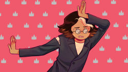 Rule 34 | 1boy, adventure time:fionna and cake, black suit, commentary, crown, dark skin, easy breezy, eizouken ni wa te wo dasu na!, embarrassed, english commentary, formal, glasses, grey hair, highres, pink background, shirt, simon petrikov, simple background, standing, suit, sweatdrop, torn clothes, white shirt, winnie62123994