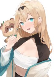 Rule 34 | 1girl, :d, absurdres, aqua eyes, blonde hair, blush, breasts, chest sarashi, cleavage, evening rabbit, hair between eyes, hair down, hair intakes, hairband, haori, highres, hololive, japanese clothes, kazama iroha, long hair, looking at viewer, medium breasts, open mouth, pokobee, sarashi, shrug (clothing), simple background, smile, solo, upper body, virtual youtuber, white background