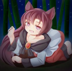 Rule 34 | 1girl, all fours, animal ears, bad id, bad pixiv id, bamboo, bamboo forest, barefoot, blouse, blue shirt, brown eyes, brown hair, collarbone, forest, imaizumi kagerou, kumita (kumeeta), long hair, long skirt, nature, off shoulder, open mouth, red skirt, shirt, skirt, sky, star (sky), starry sky, touhou, very long hair, wolf ears