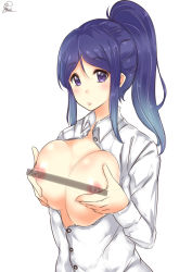 Rule 34 | 10s, 1girl, bar censor, blue hair, blush, breasts squeezed together, breasts, censored, censored nipples, closed mouth, highres, kaya (yoshina9), large breasts, long hair, looking at viewer, love live!, love live! sunshine!!, matsuura kanan, nipples, no bra, pointless censoring, ponytail, purple eyes, signature, simple background, solo, standing, transparent censoring, unbuttoned, white background
