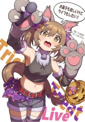 Rule 34 | 1girl, absurdres, alternate costume, animal hands, anime coloring, armpits, belt, breasts, brown eyes, brown hair, candy, commentary request, detached sleeves, fang, food, gloves, hair between eyes, hair ornament, halloween, halloween costume, highres, horse girl, jack-o&#039;-lantern, looking at viewer, medium breasts, navel, paw gloves, sha (siasha0104), shorts, simple background, smart falcon (umamusume), solo, thighhighs, translation request, umamusume, white background