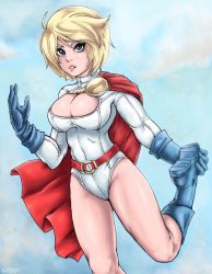 Rule 34 | 1girl, alien, baratsu, blonde hair, breasts, cape, cleavage cutout, clothing cutout, dc comics, flying, gloves, kryptonian, large breasts, leotard, power girl, red cape, solo