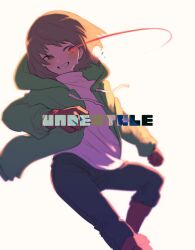 Rule 34 | 1other, alternate universe, androgynous, black pants, blurry, blush, bob cut, boots, brown eyes, brown hair, chara (undertale), character name, chromatic aberration, commentary, crazy eyes, depth of field, dodging, eye trail, foot out of frame, gloves, green hoodie, grin, heterochromia, hole in hair, hood, hood down, hoodie, jumping, light blush, light trail, long sleeves, open clothes, open hoodie, oshiruko (tsume), pants, red eyes, red footwear, red gloves, shirt, short hair, simple background, smile, solo, storyshift, sweatdrop, turtleneck, undertale, undertale au, white background, white shirt