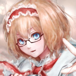 Rule 34 | 1girl, alice margatroid, bad id, bad pixiv id, bespectacled, blonde hair, blue eyes, capelet, glasses, hairband, highres, hoshibuchi, lolita hairband, looking at viewer, open mouth, portrait, smile, solo, touhou, upper body