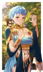 Rule 34 | 1girl, absurdres, animal, animal on shoulder, arm up, armlet, armor, bird, bird on hand, blue dress, blue hair, blush, bracelet, braid, breasts, brown eyes, closed mouth, collarbone, commentary, crown braid, dancer, dancer (fire emblem: three houses), doiparuni, dress, earrings, english commentary, fingernails, fire emblem, fire emblem: three houses, fire emblem heroes, highres, jewelry, lips, looking at viewer, marianne von edmund, medium breasts, nintendo, official alternate costume, outdoors, pelvic curtain, shawl, short hair, shoulder armor, signature, single-shoulder dress, sleeveless, sleeveless dress, smile, solo, squirrel, tree