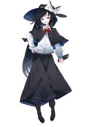 Rule 34 | 1girl, absurdres, black hair, black hat, black skirt, book, boots, bow, bowtie, cape, collared shirt, dress, fedora, frilled skirt, frills, hand on own hip, hat, hat bow, highres, long skirt, long sleeves, looking at viewer, mob cap, muraryo, nail polish, puffy sleeves, red eyes, shirt, shirt tucked in, short hair, sidelocks, simple background, skirt, solo, starry hair, touhou, usami renko, white background, white shirt