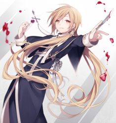 Rule 34 | 1boy, blonde hair, blood, candy, cross, crucifix, food, fruit, habit, hijiri (resetter), jewelry, knife, lollipop, long hair, long sleeves, necklace, original, priest, smile, solo, strawberry, twintails, very long hair, yellow eyes