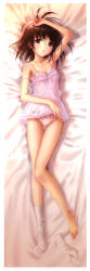 Rule 34 | 1girl, absurdres, arm up, armpits, bare shoulders, barefoot, bow, bow panties, bra, brown eyes, brown hair, camisole, copyright request, dakimakura (medium), feet, full body, goto p, highres, lingerie, long image, looking at viewer, lying, no shoes, on back, panties, parted lips, pink bra, pink panties, scan, see-through, single sock, sock pull, socks, solo, strap slip, tall image, thigh gap, thighs, underwear, white socks