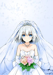 Rule 34 | 1girl, bare shoulders, blue eyes, blush, bouquet, breasts, bridal veil, cleavage, closed mouth, collarbone, date a live, dot nose, dress, elbow gloves, female focus, flower, gloves, highres, jewelry, looking at viewer, necklace, pearl necklace, rose, short hair, simple background, solo, strapless, strapless dress, tobiichi origami, veil, wedding dress, white dress, white hair