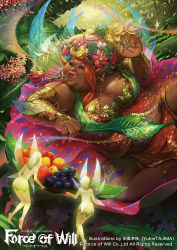 Rule 34 | 1girl, artist name, blonde hair, breasts, brown eyes, cleavage, company name, copyright name, dark skin, dark-skinned female, earrings, fairy, fairy wings, fat, flower, food, force of will, fruit, hat, huge breasts, jewelry, large breasts, leaf, long hair, nail polish, nature, necklace, official art, smoking pipe, pipe in mouth, pointy ears, solo, tajima yukie, tattoo, wings